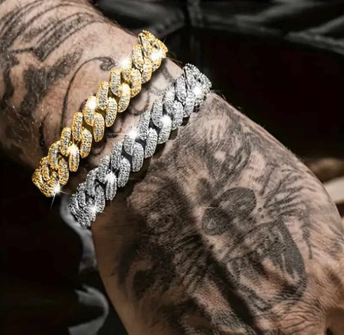 2 Pcs Iced Out Silver & Gold 18K Gold Plated Bling CZ Cuban Miami Link Bracelet